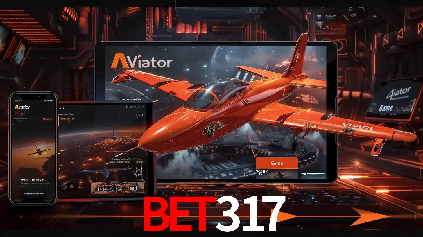 Apresentação tecnológica do jogo Aviator com um avião saindo da tela de um tablet, demonstrando a experiência imersiva em múltiplos dispositivos no BET317.