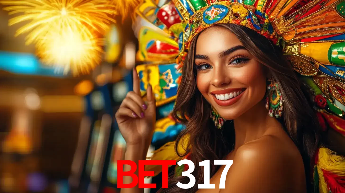 Mulher sorridente com um cocar de carnaval vibrante e colorido, celebrando uma grande vitória nos jogos do cassino BET317 com fogos de artifício ao fundo.