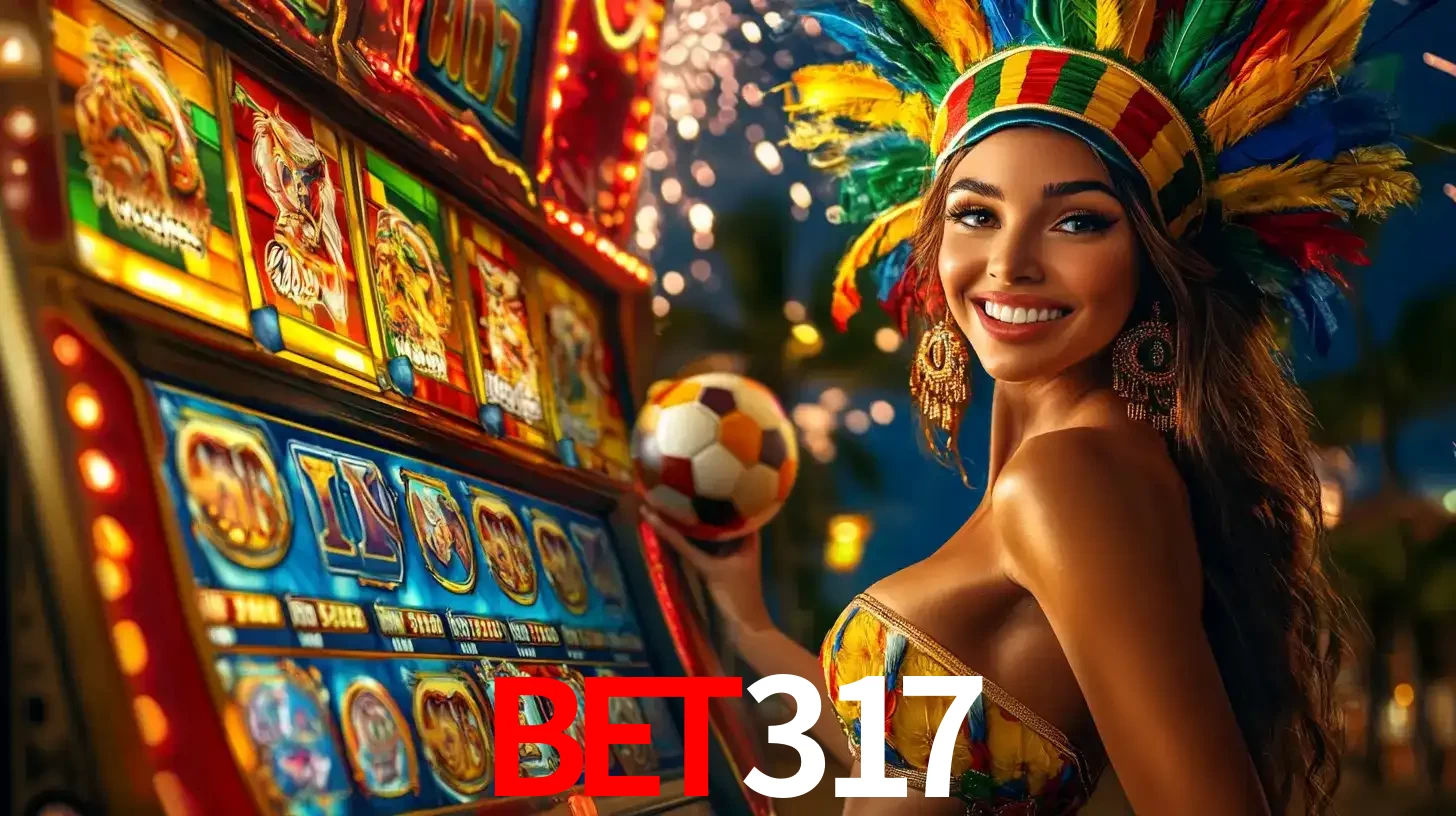 Mulher com um cocar de carnaval ao lado de uma máquina de caça-níqueis enquanto segura uma bola de futebol, mostrando a união da diversão de cassino e esportes no BET317.