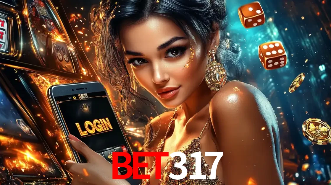 Mulher glamourosa segurando um celular com a tela de login do cassino BET317, rodeada por dados e moedas douradas, pronta para começar a diversão.