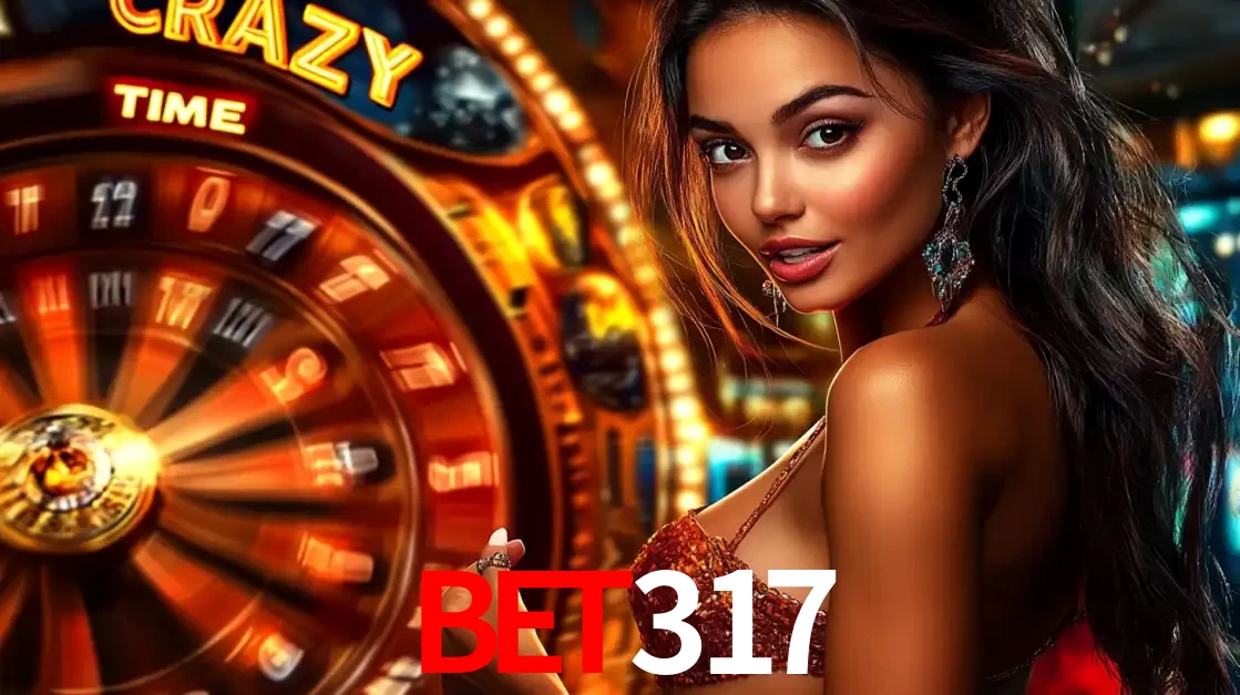 Mulher ao lado da roda de prêmios do jogo de cassino ao vivo Crazy Time, um dos shows de jogos mais emocionantes oferecidos pela plataforma de apostas BET317.