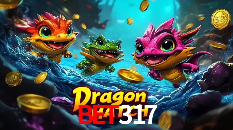 Arte promocional do jogo Dragon Hatch com três adoráveis dragões bebês nadando entre moedas de ouro, um dos slots mais divertidos para jogar no cassino BET317.