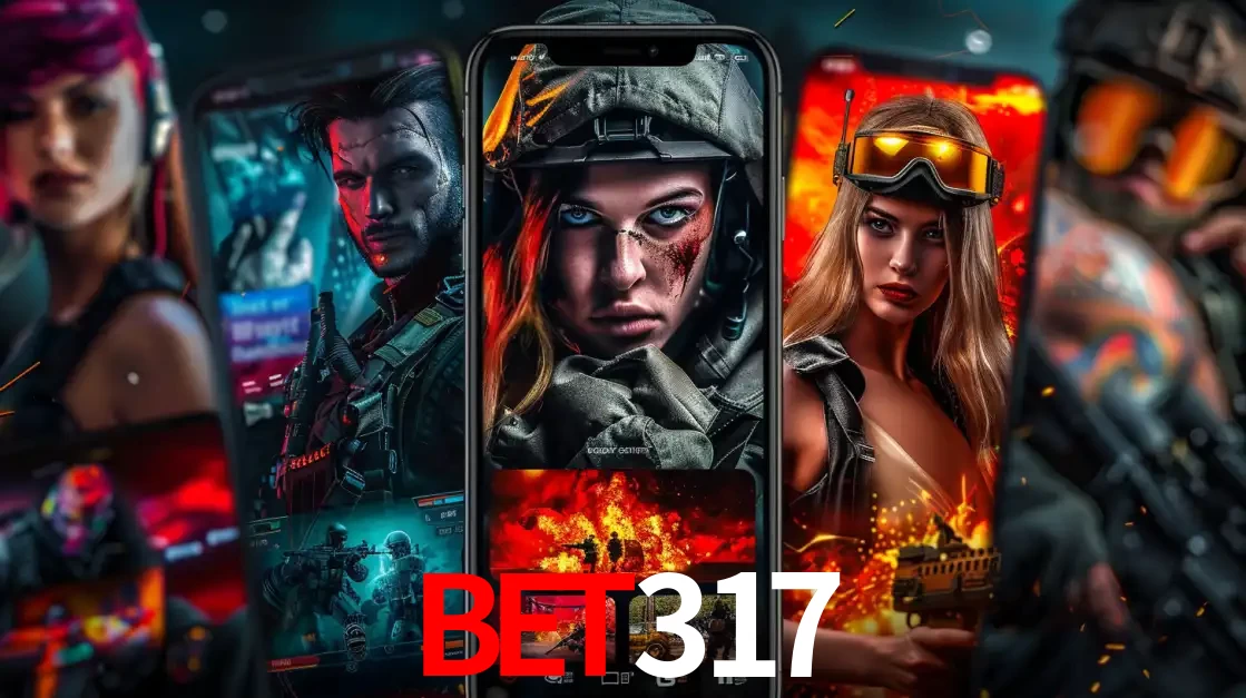 Montagem de telas de celular mostrando diversos personagens, masculinos e femininos, de um jogo de tiro, ilustrando a diversidade de equipes de e-sports para apostar no BET317.