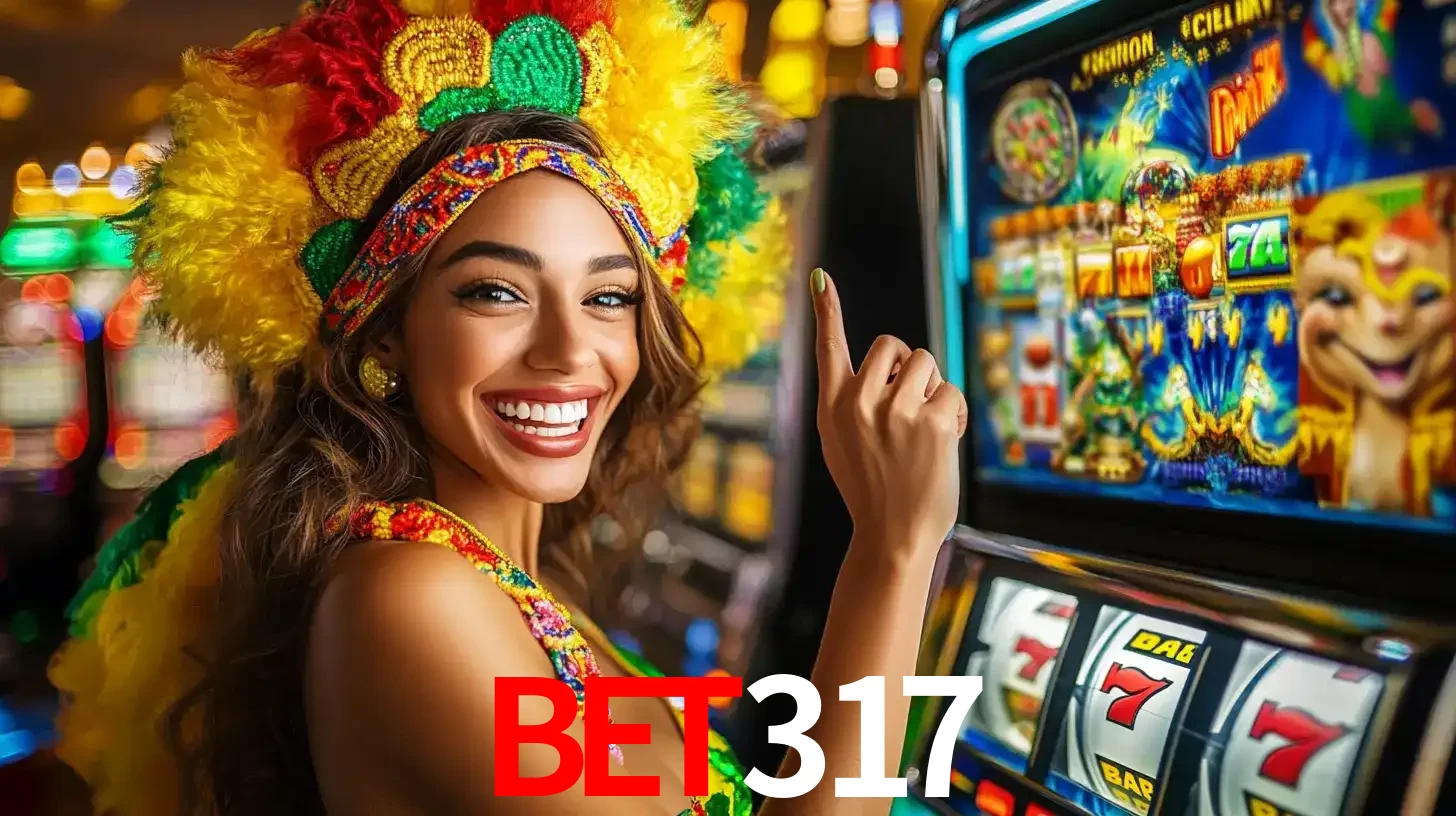 Mulher animada com um cocar de carnaval apontando para uma máquina de caça-níqueis, mostrando a emoção de ganhar um grande prêmio nos jogos do BET317.
