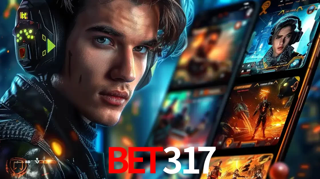 Jovem jogador com fones de ouvido olhando para a câmera, com um aplicativo de jogos e e-sports para celular ao fundo, pronto para a competição e apostas no BET317.