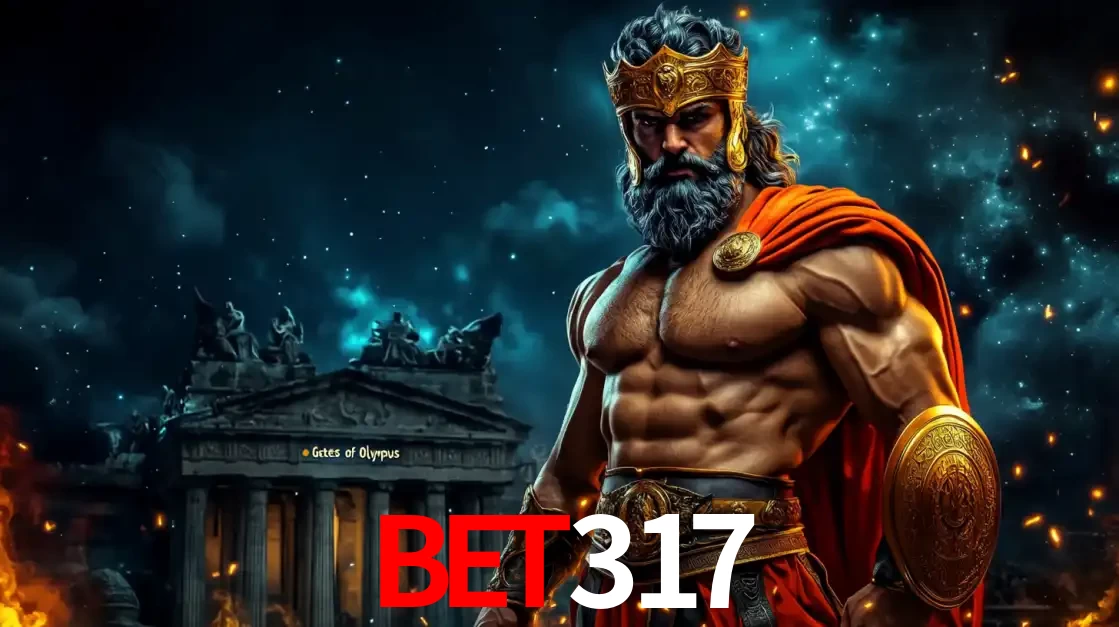 O poderoso Zeus do jogo de slot Gates of Olympus em frente ao seu templo, pronto para lançar multiplicadores divinos e prêmios épicos no cassino online BET317.