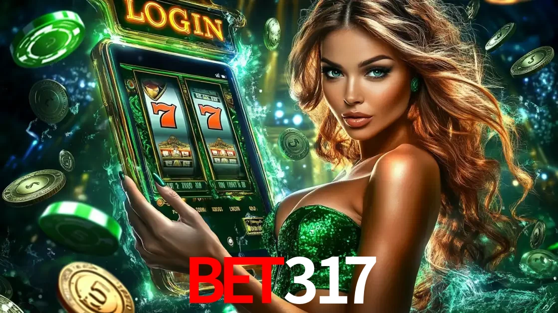 Mulher com tema verde apresentando o aplicativo do cassino BET317 com um jogo de slot de 777, cercada por fichas de cassino e uma aura de sorte.