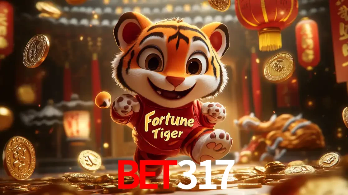 O alegre personagem do Fortune Tiger correndo sobre um caminho de moedas de ouro, simbolizando os grandes prêmios e a diversão do popular jogo de slot do BET317.