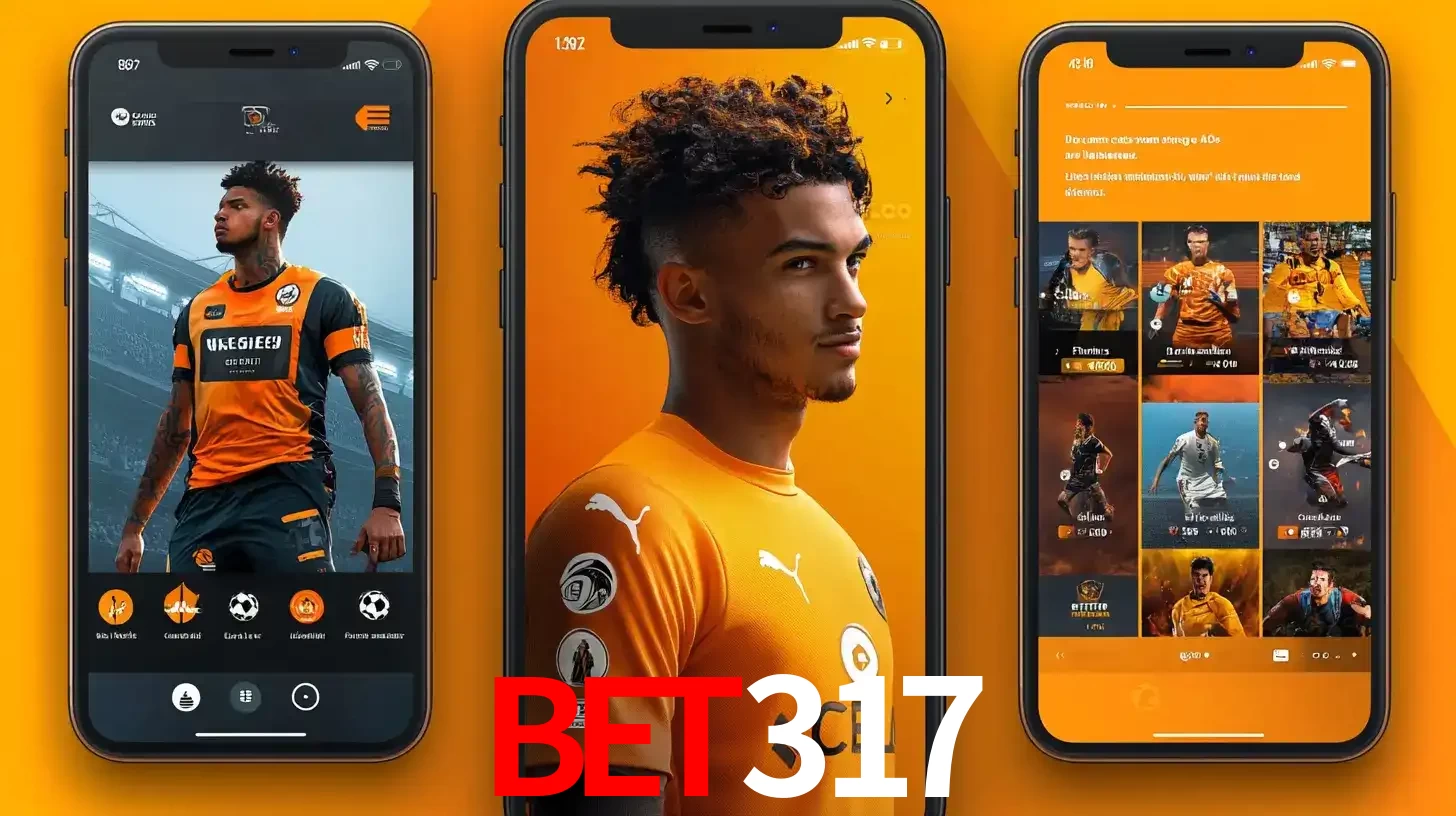 Interface do aplicativo de apostas esportivas BET317 em três telas de celular, mostrando o perfil de um jogador de futebol e a lista de jogos disponíveis para apostar.