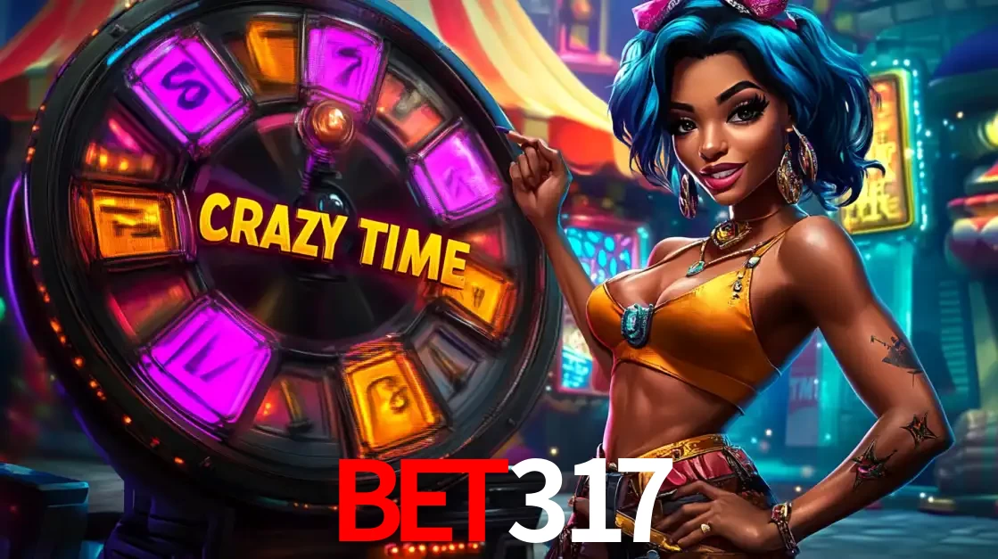 Mulher estilizada com cabelo azul e visual vibrante posando ao lado da roda de prêmios do game show Crazy Time, convidando para a diversão e os bônus do cassino BET317.