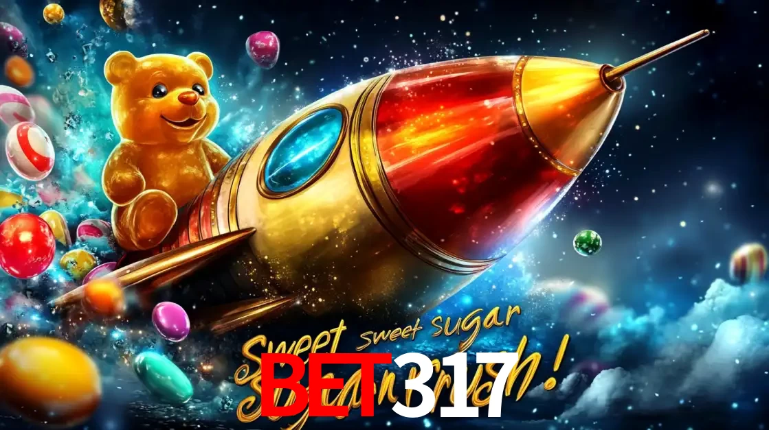 Arte promocional do jogo de slot Sugar Rush, com um urso de pelúcia em um foguete viajando pelo espaço de doces, um dos jogos divertidos disponíveis no cassino BET317.