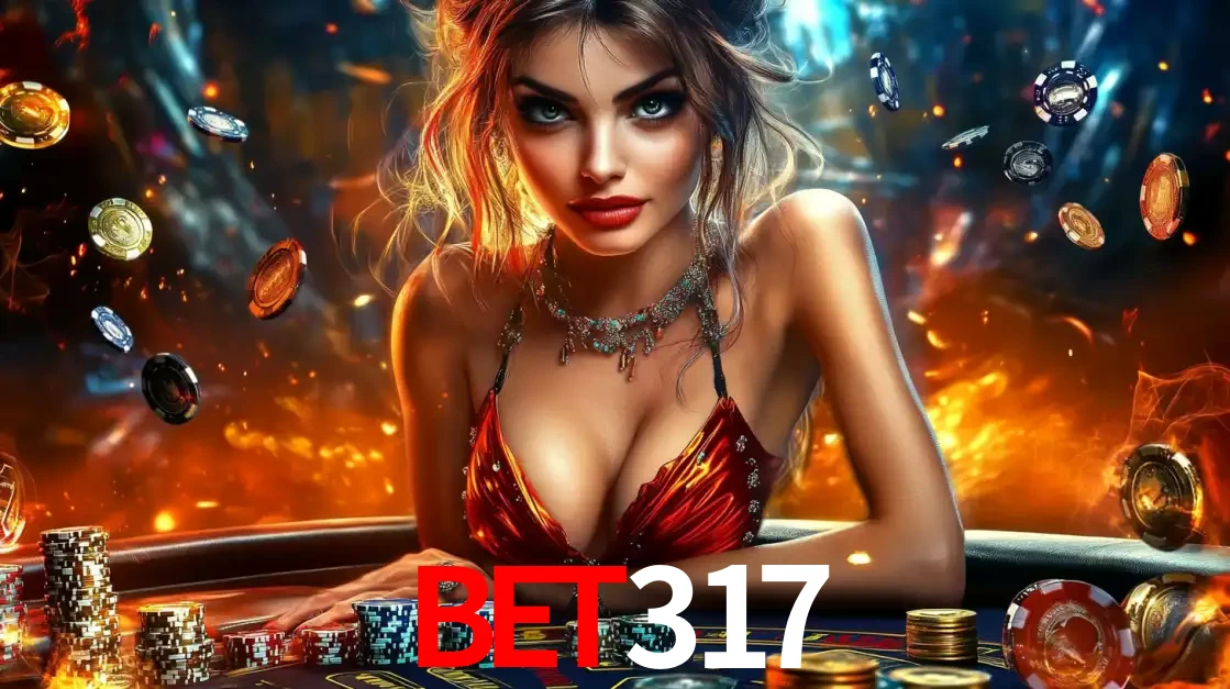 Mulher em uma mesa de cassino com pilhas de fichas e um fundo de fogo, pronta para uma rodada de altas apostas nos jogos de mesa emocionantes do cassino BET317.