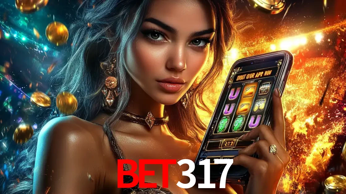 Mulher elegante mostrando um jogo de caça-níqueis em seu smartphone, destacando a experiência de cassino móvel oferecida pelo aplicativo BET317.