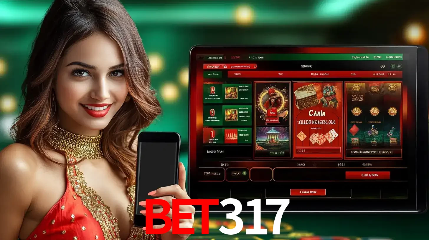 Mulher sorridente segurando um smartphone, ao lado de uma tela exibindo o lobby de jogos do cassino online BET317, com várias opções de jogos de cartas e slots.